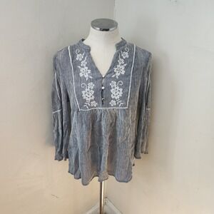 Tommy Hilfiger Womens Grey Embroidered Floral Boho Crinkle Blouse Top Medium M